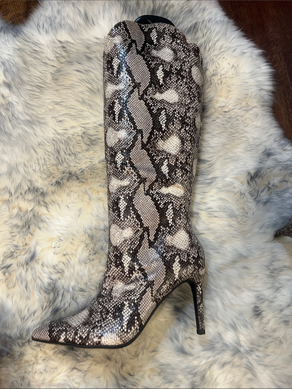 Snake Print Knee-High Stiletto Boots - Neutral Tones - Picture 3 of 3